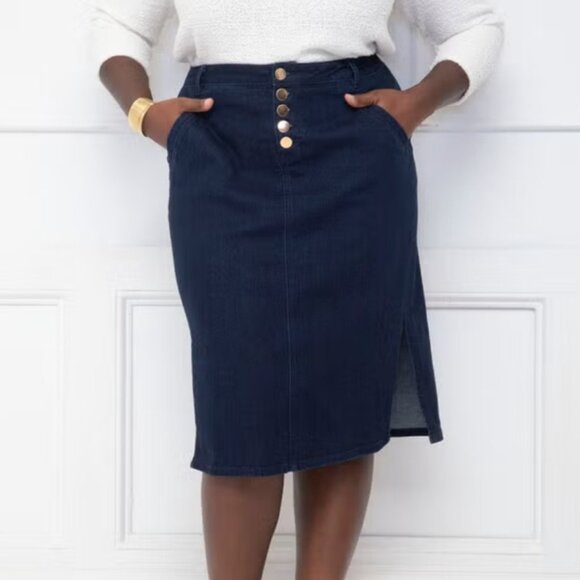 Eloquii Elements Denim Skirt Size 20 Blue Button-Front Pockets Side Slit - Picture 1 of 7